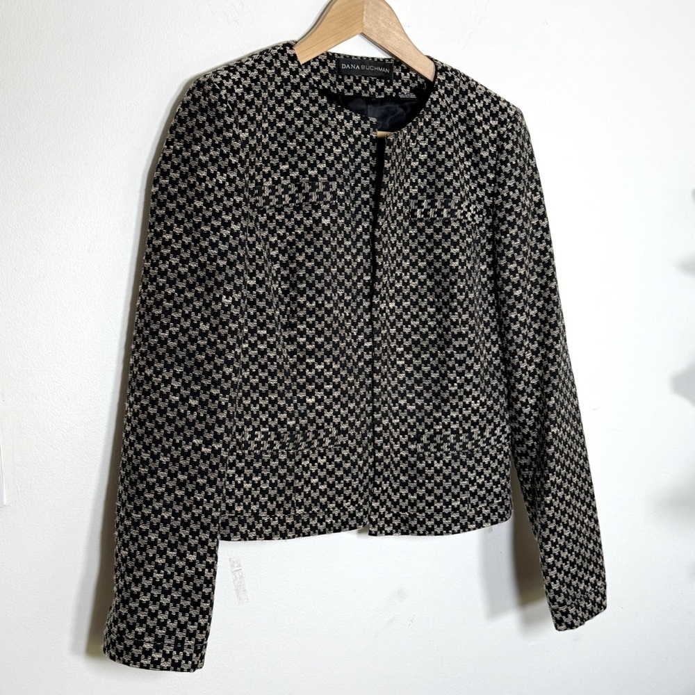 Dana Buchman Womens Black Beige Houndstooth Cotton Blend Blazer Jacket Size 8